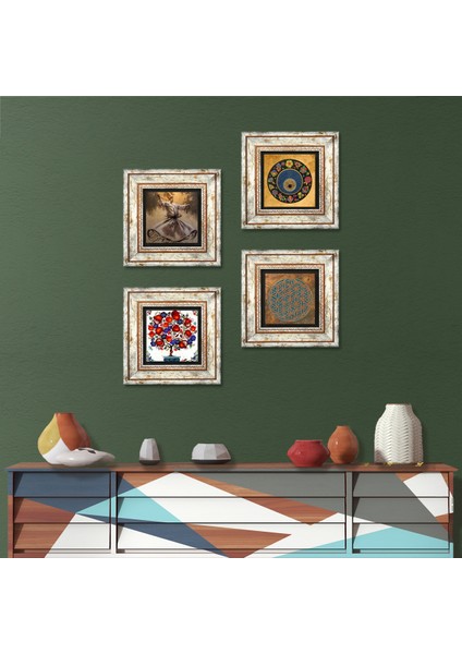 Yaşam Çiçeği, Semazen, Nazar, Nar Ağacı Taş Duvar Tablosu Çerçeveli Duvar Dekoru 4 Parça Tablo Seti Wall Art T4-594