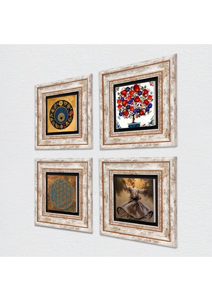 Yaşam Çiçeği, Semazen, Nazar, Nar Ağacı Taş Duvar Tablosu Çerçeveli Duvar Dekoru 4 Parça Tablo Seti Wall Art T4-594