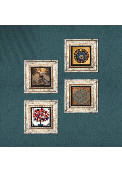 Yaşam Çiçeği, Semazen, Nazar, Nar Ağacı Taş Duvar Tablosu Çerçeveli Duvar Dekoru 4 Parça Tablo Seti Wall Art T4-594