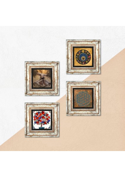 Yaşam Çiçeği, Semazen, Nazar, Nar Ağacı Taş Duvar Tablosu Çerçeveli Duvar Dekoru 4 Parça Tablo Seti Wall Art T4-594