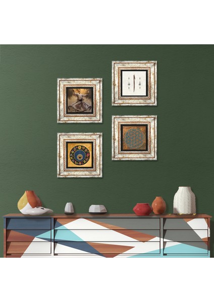 Yaşam Çiçeği, Semazen, Elif, Nazar Taş Duvar Tablosu Çerçeveli Duvar Dekoru 4 Parça Tablo Seti Wall Art T4-616