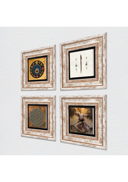 Yaşam Çiçeği, Semazen, Elif, Nazar Taş Duvar Tablosu Çerçeveli Duvar Dekoru 4 Parça Tablo Seti Wall Art T4-616 fiyatları