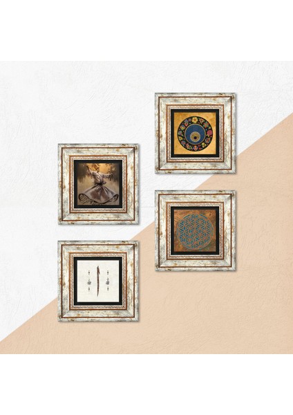 Yaşam Çiçeği, Semazen, Elif, Nazar Taş Duvar Tablosu Çerçeveli Duvar Dekoru 4 Parça Tablo Seti Wall Art T4-616 indirimleri