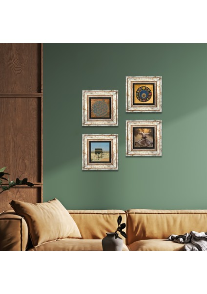 Yaşam Çiçeği, Semazen, Kabe-i Muazzama, Nazar Çerçeveli Taş Duvar Tablosu 4’lü Set - Dekoratif Modern Sanat, Ev ve Ofis Dekoru |TK4-625|