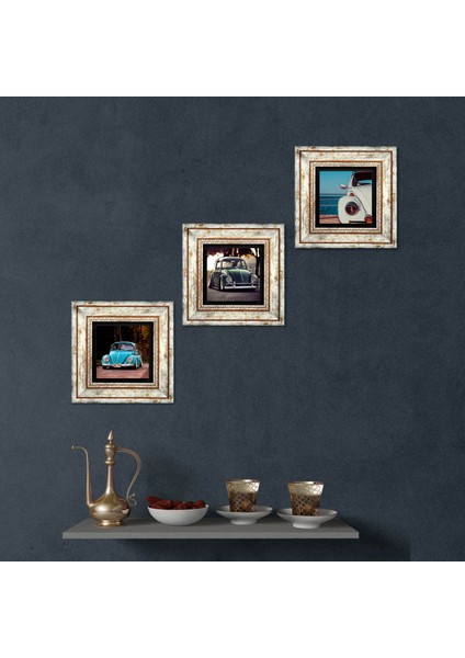 Stone Vosvos Araba Çerçeveli Taş Duvar Tablosu 3’lü Set - Dekoratif Modern Sanat, Ev ve Ofis Dekoru |TK3-1882|