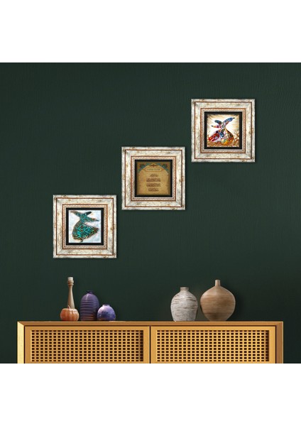 Nazar Duası, Semazen Taş Duvar Tablosu Çerçeveli Duvar Dekoru 3 Parça Tablo Seti Wall Art T3-233