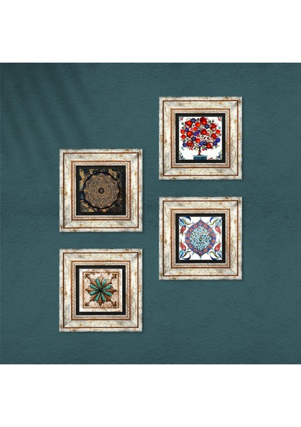 Sri Yantra, Fas Desenli Vintage, Çini Sanatı, Nar Ağacı Taş Duvar Tablosu Çerçeveli Duvar Dekoru 4 Parça Tablo Seti Wall Art T4-268 fırsatları