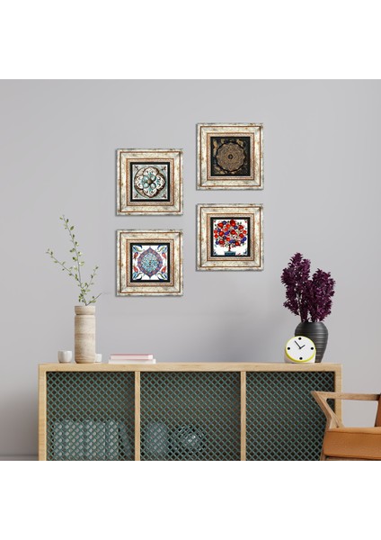 Sri Yantra, Çini Sanatı, Nar Ağacı Taş Duvar Tablosu Çerçeveli Duvar Dekoru 4 Parça Tablo Seti Wall Art T4-270