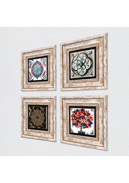 Sri Yantra, Çini Sanatı, Nar Ağacı Taş Duvar Tablosu Çerçeveli Duvar Dekoru 4 Parça Tablo Seti Wall Art T4-270