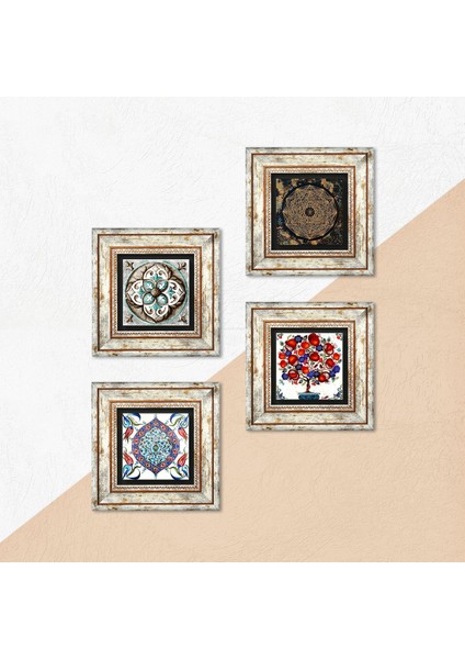 Sri Yantra, Çini Sanatı, Nar Ağacı Taş Duvar Tablosu Çerçeveli Duvar Dekoru 4 Parça Tablo Seti Wall Art T4-270