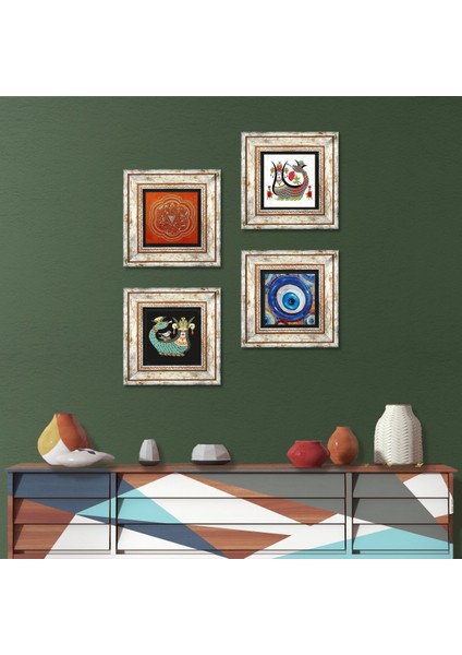Nazar, Sri Yantra, Şahmeran Taş Duvar Tablosu Çerçeveli Duvar Dekoru 4 Parça Tablo Seti Wall Art T4-1519