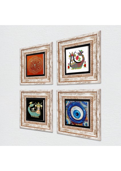 Nazar, Sri Yantra, Şahmeran Taş Duvar Tablosu Çerçeveli Duvar Dekoru 4 Parça Tablo Seti Wall Art T4-1519