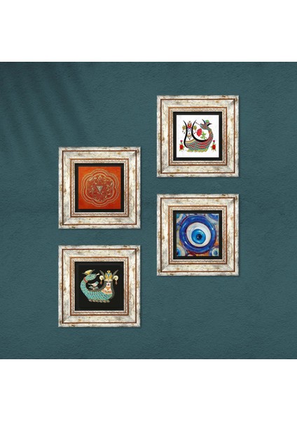 Nazar, Sri Yantra, Şahmeran Taş Duvar Tablosu Çerçeveli Duvar Dekoru 4 Parça Tablo Seti Wall Art T4-1519