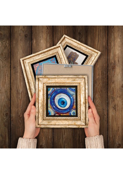 Nazar, Sri Yantra, Şahmeran Taş Duvar Tablosu Çerçeveli Duvar Dekoru 4 Parça Tablo Seti Wall Art T4-1519