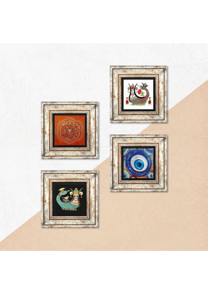 Nazar, Sri Yantra, Şahmeran Taş Duvar Tablosu Çerçeveli Duvar Dekoru 4 Parça Tablo Seti Wall Art T4-1519