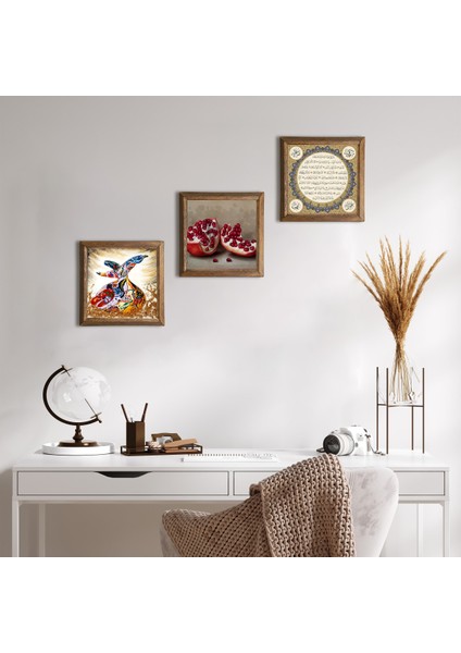 Hilye-i Şerif, Semazen, Nar Taş Duvar Tablosu Ahşap Çerçeveli Duvar Dekoru 3 Parça Tablo Seti Wall Art W3-856