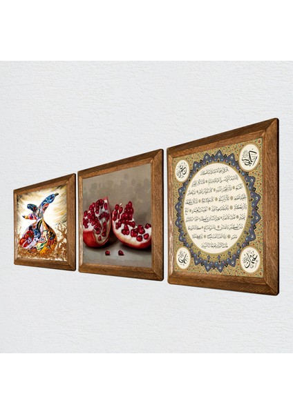 Hilye-i Şerif, Semazen, Nar Taş Duvar Tablosu Ahşap Çerçeveli Duvar Dekoru 3 Parça Tablo Seti Wall Art W3-856