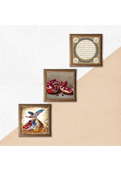 Hilye-i Şerif, Semazen, Nar Taş Duvar Tablosu Ahşap Çerçeveli Duvar Dekoru 3 Parça Tablo Seti Wall Art W3-856