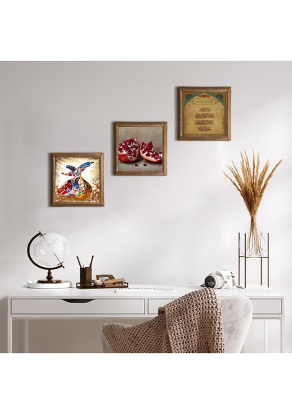 Nazar Duası, Semazen, Nar Taş Duvar Tablosu Ahşap Çerçeveli Duvar Dekoru 3 Parça Tablo Seti Wall Art W3-861