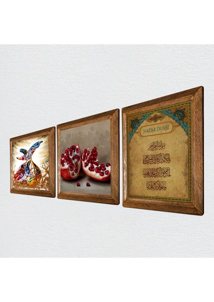 Nazar Duası, Semazen, Nar Taş Duvar Tablosu Ahşap Çerçeveli Duvar Dekoru 3 Parça Tablo Seti Wall Art W3-861
