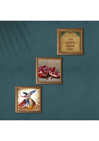 Nazar Duası, Semazen, Nar Taş Duvar Tablosu Ahşap Çerçeveli Duvar Dekoru 3 Parça Tablo Seti Wall Art W3-861