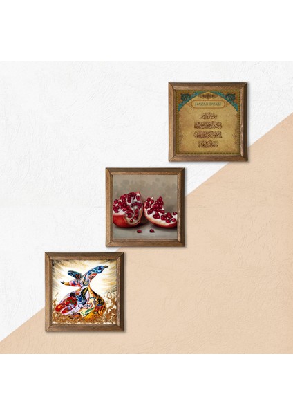Nazar Duası, Semazen, Nar Taş Duvar Tablosu Ahşap Çerçeveli Duvar Dekoru 3 Parça Tablo Seti Wall Art W3-861