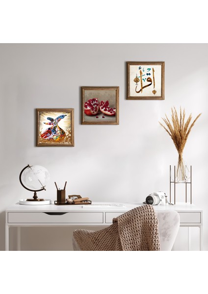 İlk Ayet 'Oku', Semazen, Nar Taş Duvar Tablosu Ahşap Çerçeveli Duvar Dekoru 3 Parça Tablo Seti Wall Art W3-863