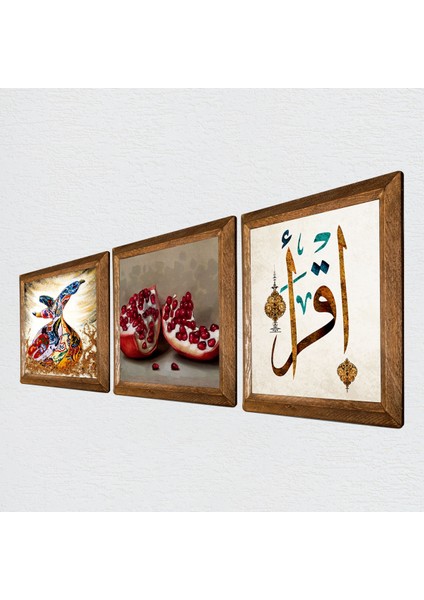 İlk Ayet 'Oku', Semazen, Nar Taş Duvar Tablosu Ahşap Çerçeveli Duvar Dekoru 3 Parça Tablo Seti Wall Art W3-863