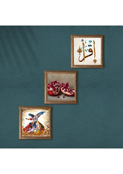 İlk Ayet 'Oku', Semazen, Nar Taş Duvar Tablosu Ahşap Çerçeveli Duvar Dekoru 3 Parça Tablo Seti Wall Art W3-863