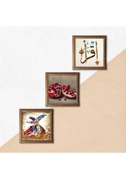 İlk Ayet 'Oku', Semazen, Nar Taş Duvar Tablosu Ahşap Çerçeveli Duvar Dekoru 3 Parça Tablo Seti Wall Art W3-863