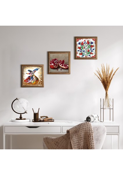 Çini Sanatı Lale, Semazen, Nar Taş Duvar Tablosu Ahşap Çerçeveli Duvar Dekoru 3 Parça Tablo Seti Wall Art W3-877