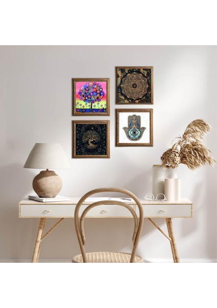 Stone Sri Yantra, Hayat Ağacı, Fatma Ana Eli (Hamsa) Ahşap Çerçeveli Taş Duvar Tablosu 4’lü Set – 25x25 cm Dekoratif Modern Sanat – Ev ve Ofis Dekoru |W4-1050|