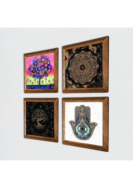Stone Sri Yantra, Hayat Ağacı, Fatma Ana Eli (Hamsa) Ahşap Çerçeveli Taş Duvar Tablosu 4’lü Set – 25x25 cm Dekoratif Modern Sanat – Ev ve Ofis Dekoru |W4-1050| fiyatları