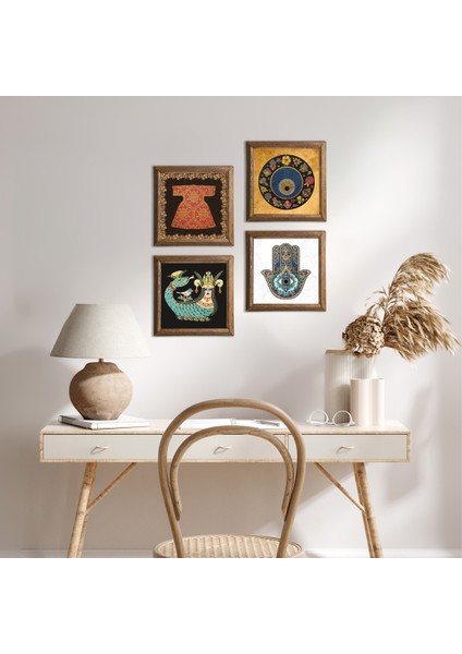 Hırka-i Şerif, Nazar, Şahmeran, Fatma Ana Eli (Hamsa) Taş Duvar Tablosu Ahşap Çerçeveli Duvar Dekoru 4 Parça Tablo Seti Wall Art W4-125