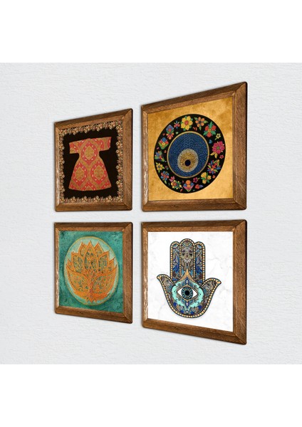 Hırka-i Şerif, Nazar, Şahmeran, Fatma Ana Eli (Hamsa) Taş Duvar Tablosu Ahşap Çerçeveli Duvar Dekoru 4 Parça Tablo Seti Wall Art W4-125