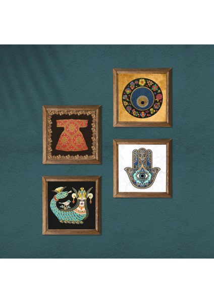Hırka-i Şerif, Nazar, Şahmeran, Fatma Ana Eli (Hamsa) Taş Duvar Tablosu Ahşap Çerçeveli Duvar Dekoru 4 Parça Tablo Seti Wall Art W4-125