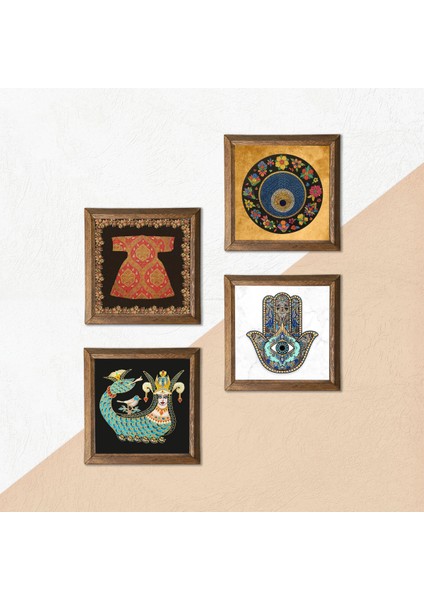 Hırka-i Şerif, Nazar, Şahmeran, Fatma Ana Eli (Hamsa) Taş Duvar Tablosu Ahşap Çerçeveli Duvar Dekoru 4 Parça Tablo Seti Wall Art W4-125