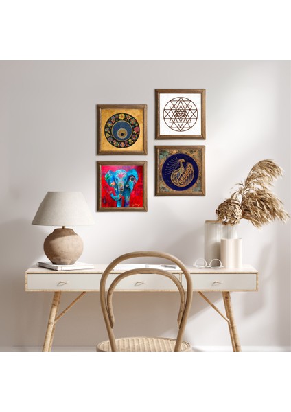 Fil, Tavus Kuşu, Sri Yantra, Nazar Taş Duvar Tablosu Ahşap Çerçeveli Duvar Dekoru 4 Parça Tablo Seti Wall Art W4-317