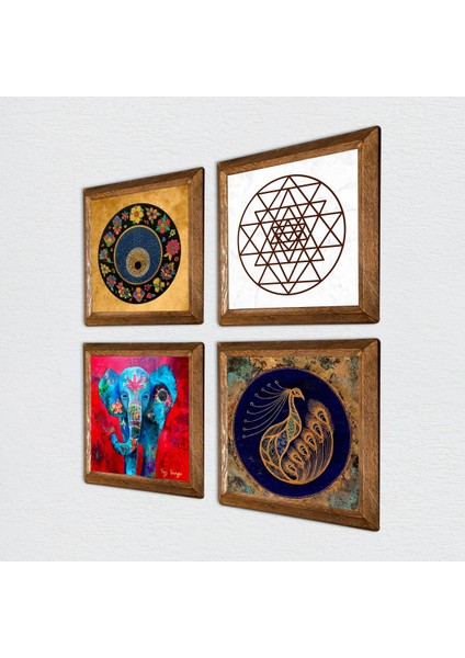 Fil, Tavus Kuşu, Sri Yantra, Nazar Taş Duvar Tablosu Ahşap Çerçeveli Duvar Dekoru 4 Parça Tablo Seti Wall Art W4-317 fiyatları