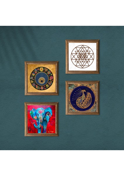 Fil, Tavus Kuşu, Sri Yantra, Nazar Taş Duvar Tablosu Ahşap Çerçeveli Duvar Dekoru 4 Parça Tablo Seti Wall Art W4-317 modelleri