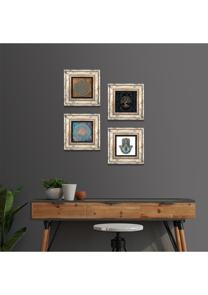 Yaşam Çiçeği, Hayat Ağacı, Fatma Ana Eli (Hamsa) Taş Duvar Tablosu Çerçeveli Duvar Dekoru 4 Parça Tablo Seti Wall Art T4-438