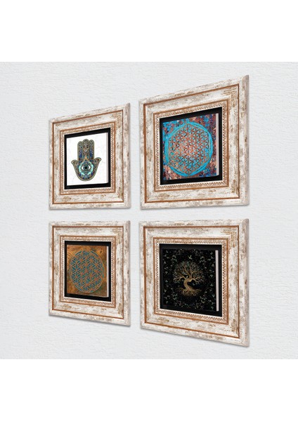 Yaşam Çiçeği, Hayat Ağacı, Fatma Ana Eli (Hamsa) Taş Duvar Tablosu Çerçeveli Duvar Dekoru 4 Parça Tablo Seti Wall Art T4-438 fiyatları