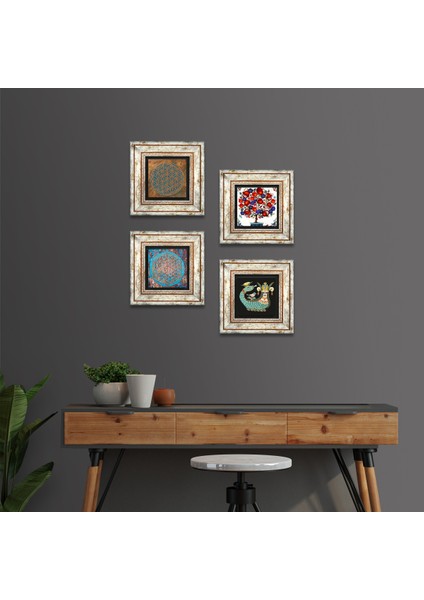 Yaşam Çiçeği, Şahmeran, Nar Ağacı Taş Duvar Tablosu Çerçeveli Duvar Dekoru 4 Parça Tablo Seti Wall Art T4-441
