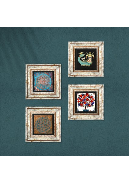 Yaşam Çiçeği, Şahmeran, Nar Ağacı Taş Duvar Tablosu Çerçeveli Duvar Dekoru 4 Parça Tablo Seti Wall Art T4-441 fırsatları