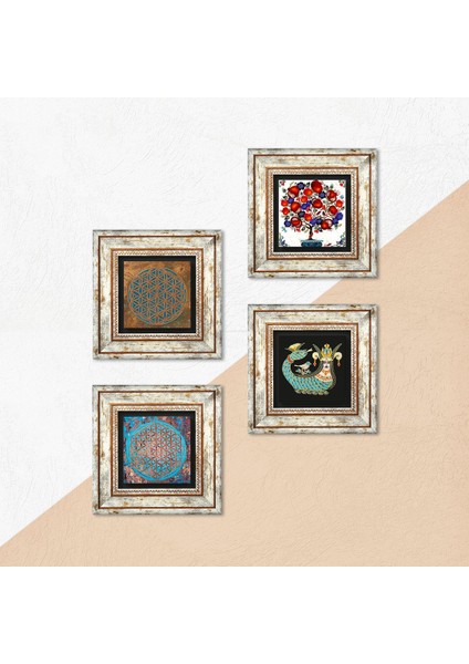 Yaşam Çiçeği, Şahmeran, Nar Ağacı Taş Duvar Tablosu Çerçeveli Duvar Dekoru 4 Parça Tablo Seti Wall Art T4-441 indirimleri
