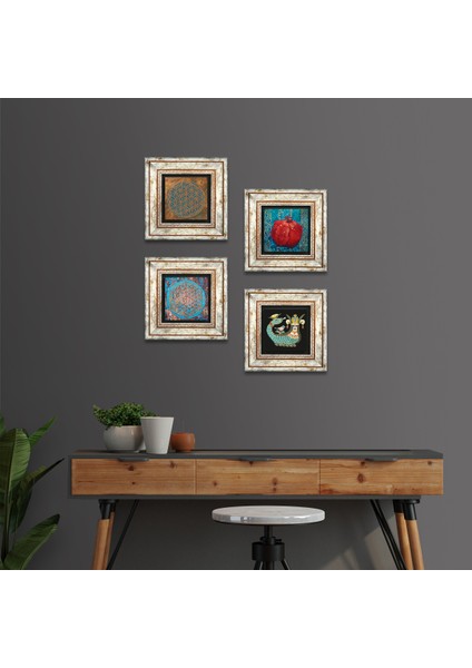Yaşam Çiçeği, Şahmeran, Nar Çerçeveli Taş Duvar Tablosu 4’lü Set - Dekoratif Modern Sanat, Ev ve Ofis Dekoru |TK4-443|
