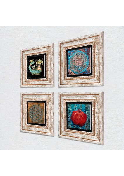 Yaşam Çiçeği, Şahmeran, Nar Çerçeveli Taş Duvar Tablosu 4’lü Set - Dekoratif Modern Sanat, Ev ve Ofis Dekoru |TK4-443| fiyatları