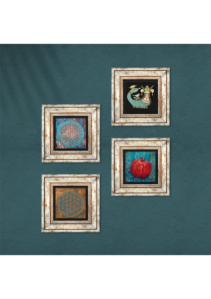 Yaşam Çiçeği, Şahmeran, Nar Çerçeveli Taş Duvar Tablosu 4’lü Set - Dekoratif Modern Sanat, Ev ve Ofis Dekoru |TK4-443| fırsatları