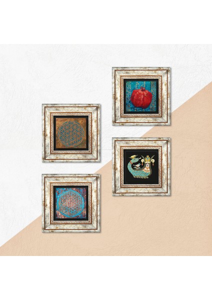 Yaşam Çiçeği, Şahmeran, Nar Çerçeveli Taş Duvar Tablosu 4’lü Set - Dekoratif Modern Sanat, Ev ve Ofis Dekoru |TK4-443| indirimleri
