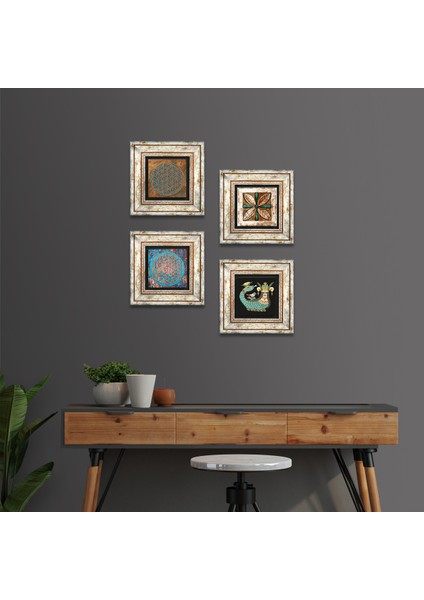 Yaşam Çiçeği, Fas Desenli Vintage, Şahmeran Çerçeveli Taş Duvar Tablosu 4’lü Set - Dekoratif Modern Sanat, Ev ve Ofis Dekoru |TK4-453|